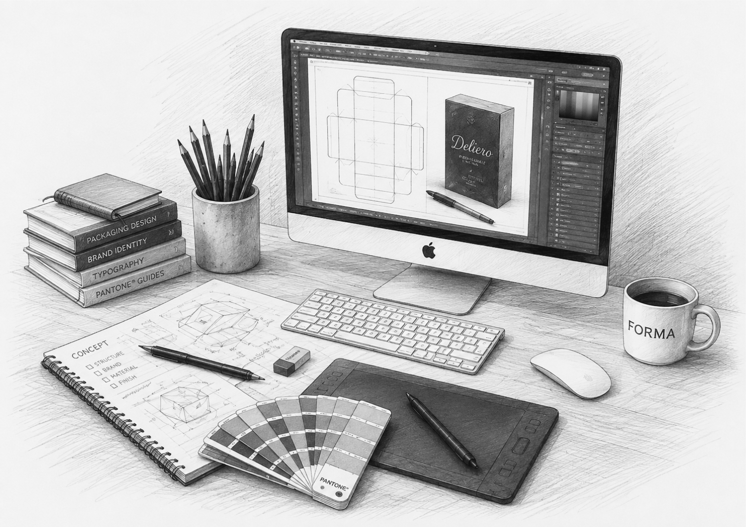 FORMA packaging design workspace with computer and design tools