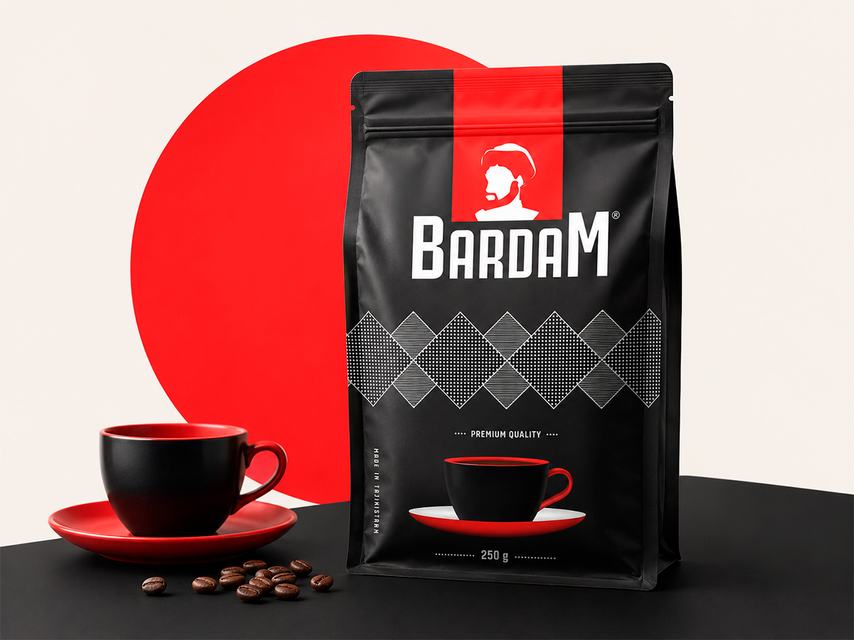 Bardam Coffee — Stand-up pouch design for coffee in a restrained black-and-red palette, with a geometric pattern and a premium quality focus by FORMA