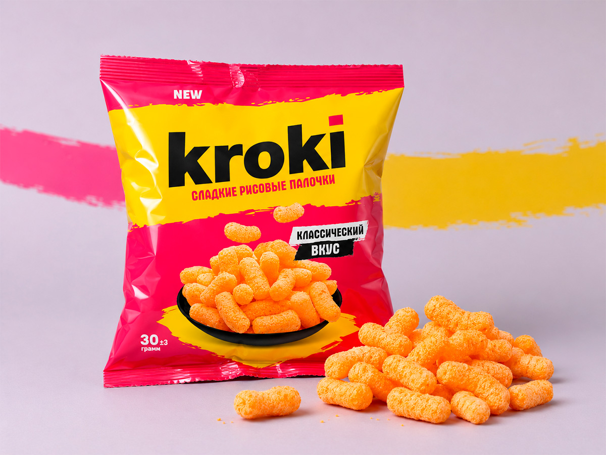 Kroki — Sweet rice-stick packaging with an energetic yellow-and-pink palette, bold typography, and a modern youth-oriented presentation by FORMA