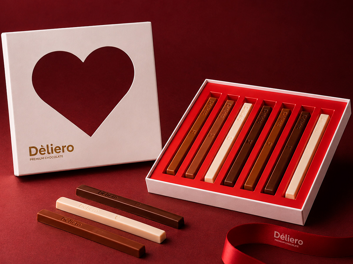 Deliero Gift Collection — Large gift-box design with a heart-shaped window for an assortment of chocolate sticks by FORMA
