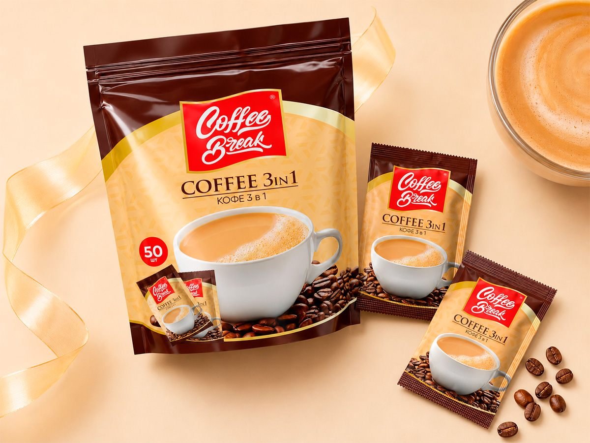 Coffee Break 3-in-1 — Instant-coffee range design connecting the large pack and single-serve format through a warm palette and recognizable coffee imagery by FORMA