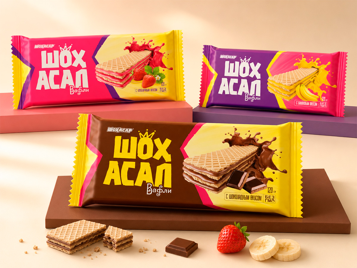 Shoh Asal — Wafer Bars — A horizontal-packaging range for chocolate, strawberry, and banana flavors, built around one dynamic visual system by FORMA