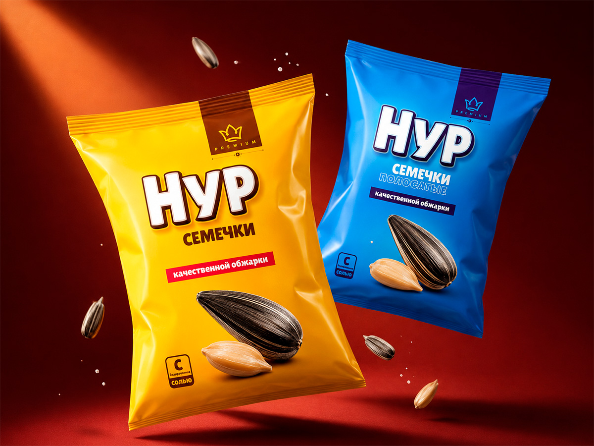 Nur Sunflower Seeds — Two color variants for sunflower-seed packaging with a consistent large logo and emphasis on quality roasting by FORMA
