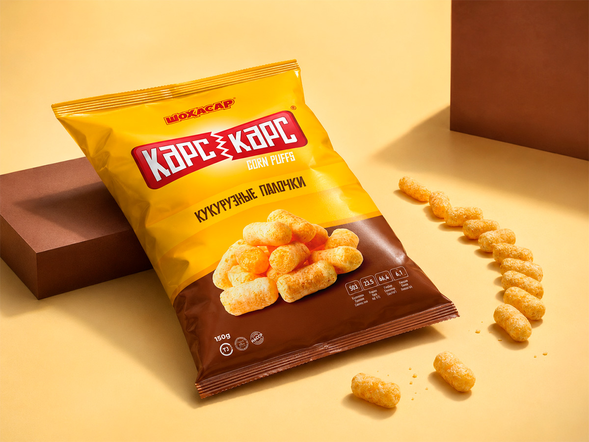 Kars Kars — Corn Puffs — Corn-puff packaging with bold branding, appetizing product imagery, and strong shelf visibility by FORMA