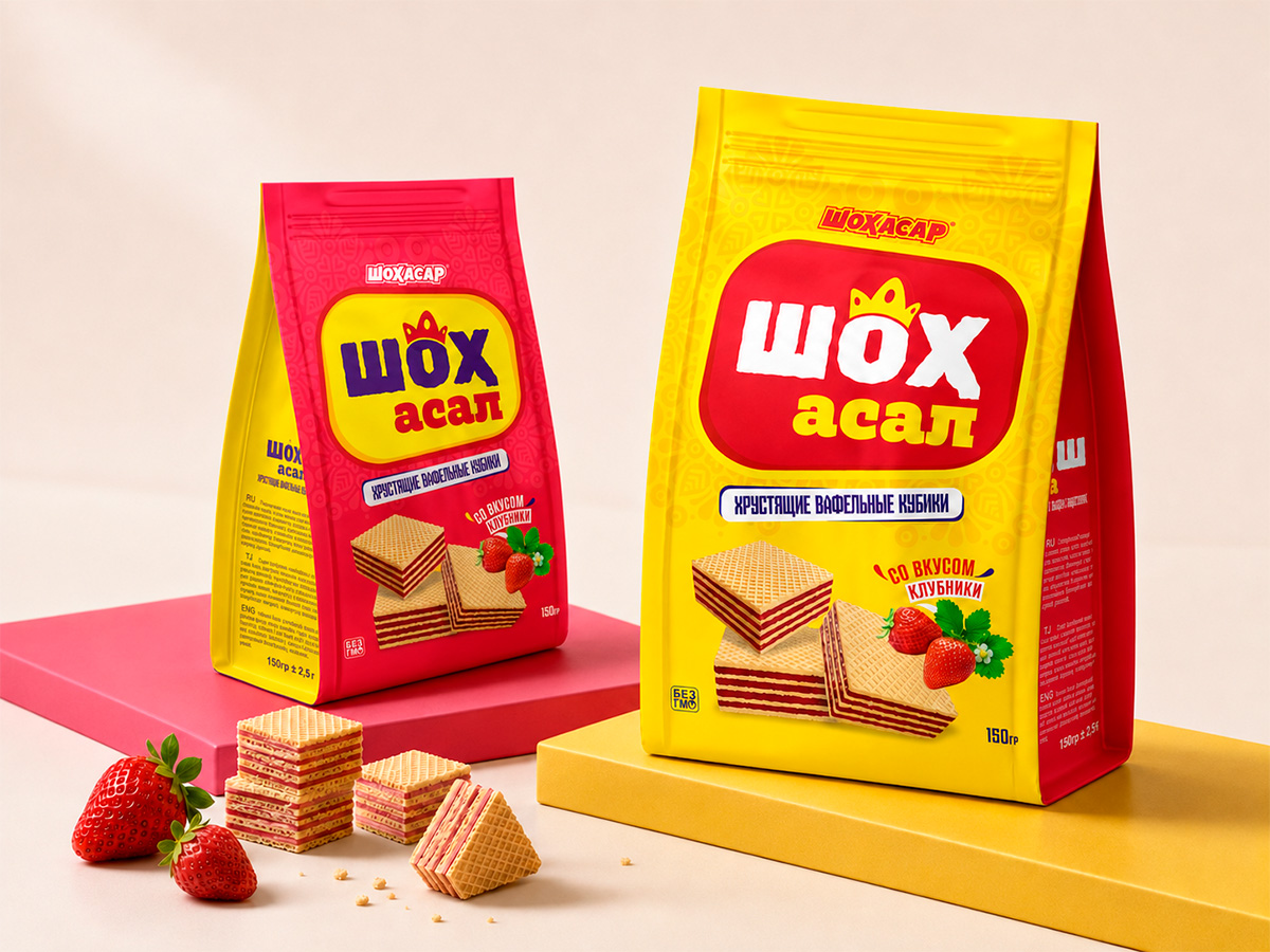 Shoh Asal — Wafer Bites — Wafer-bite packaging with a prominent logo, vivid strawberry palette, and a clear product area by FORMA