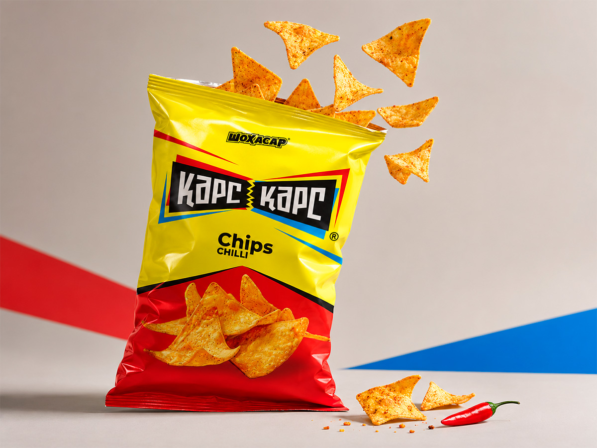 Kars Kars — Chips — Packaging design for spicy chips in a bold yellow pack with a high-contrast logo and expressive product presentation by FORMA