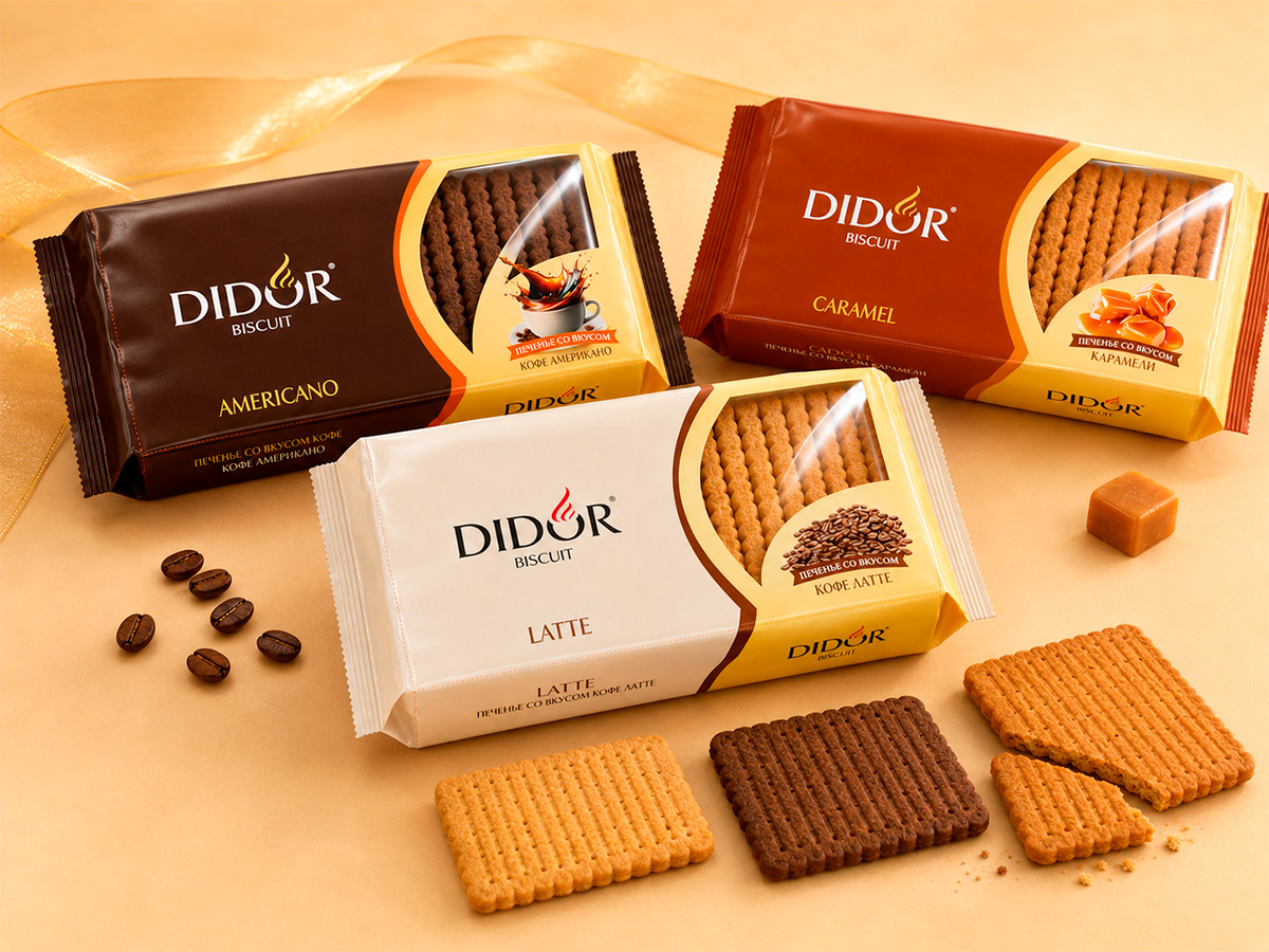 DIDOR Biscuit — Cookie range for latte, Americano, and caramel flavors, featuring a transparent window and a premium coffee-inspired palette by FORMA