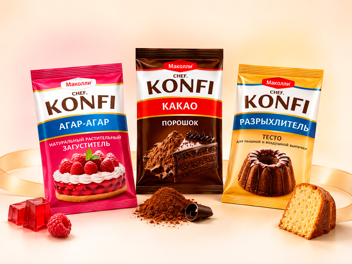 CHEF KONFI — Packaging and display-box design for a natural plant-based thickener, using a berry-led color system and confectionery imagery by FORMA