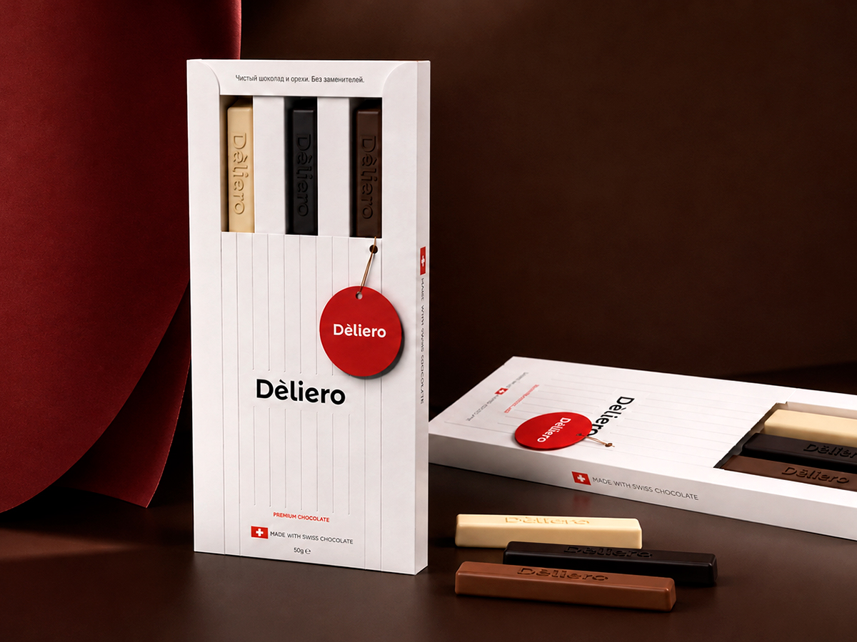 Deliero Chocolate Assortment — Premium packaging design for a three-chocolate collection: white, milk, and dark by FORMA