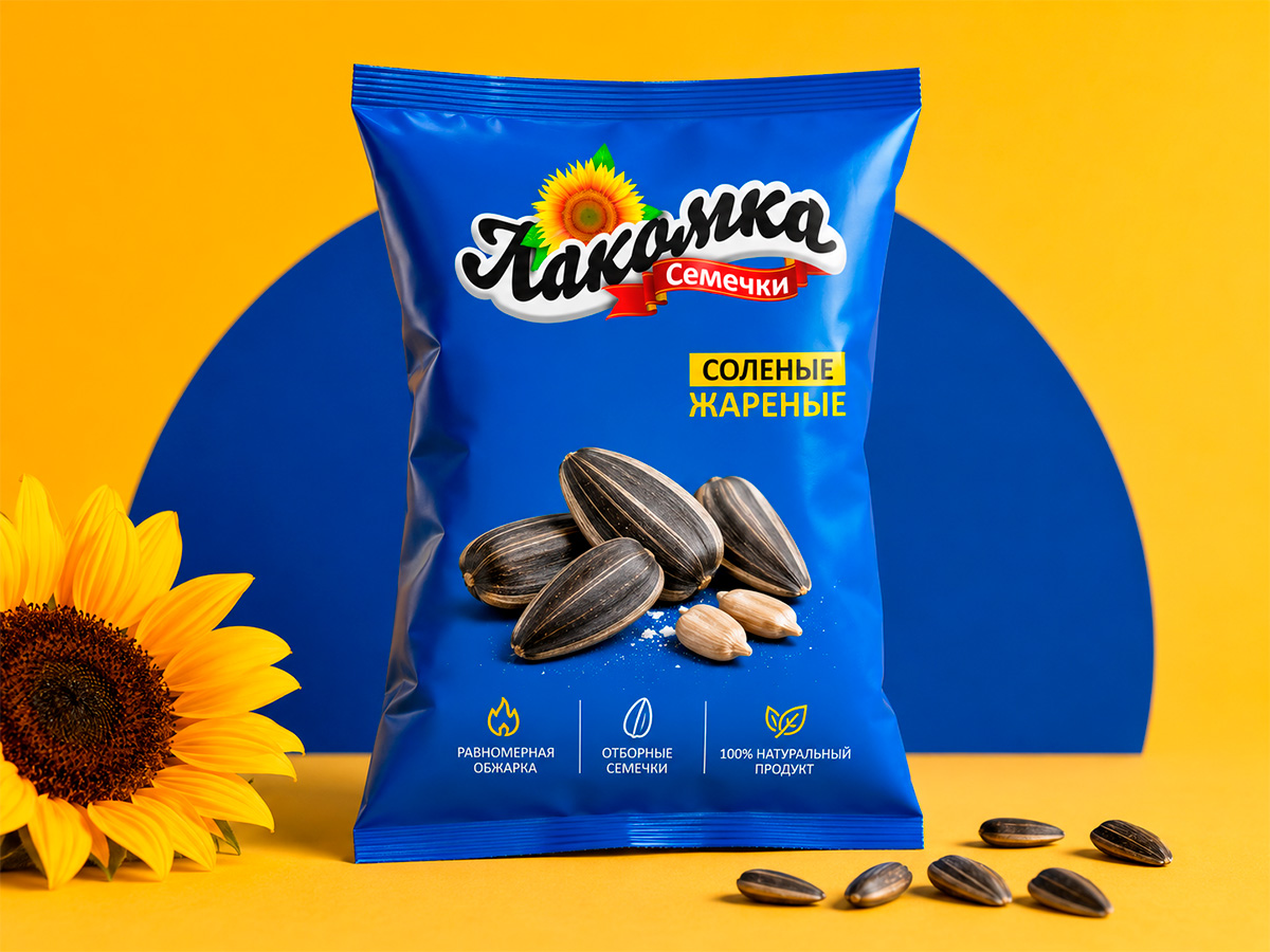 Lakomka Sunflower Seeds — Sunflower-seed packaging refresh with more realistic product visualization, stronger hierarchy, and additional quality cues by FORMA