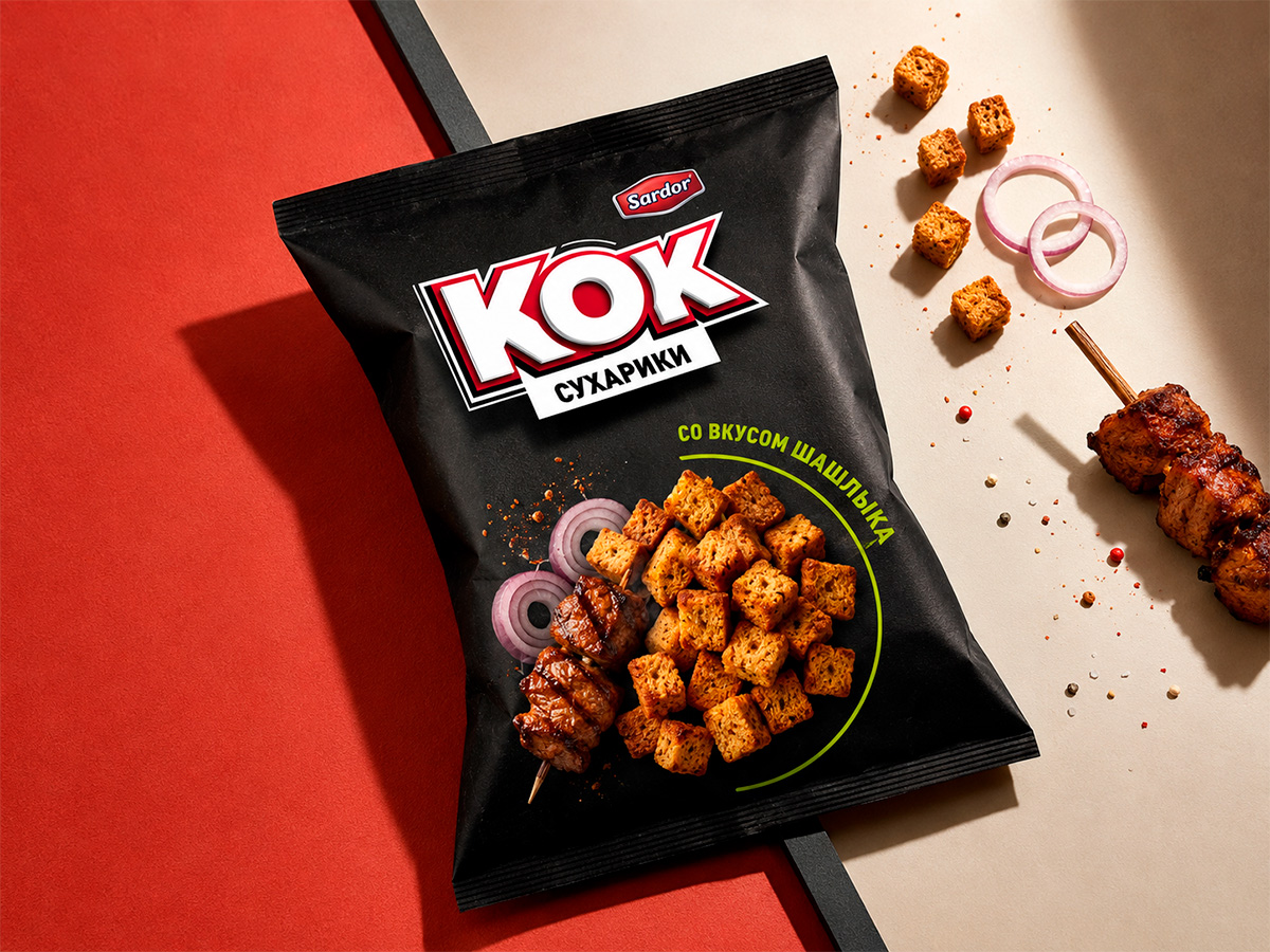 KOK Croutons — Barbecue-flavored crouton packaging with a dark rugged base, vivid flavor accents, and a dynamic composition by FORMA