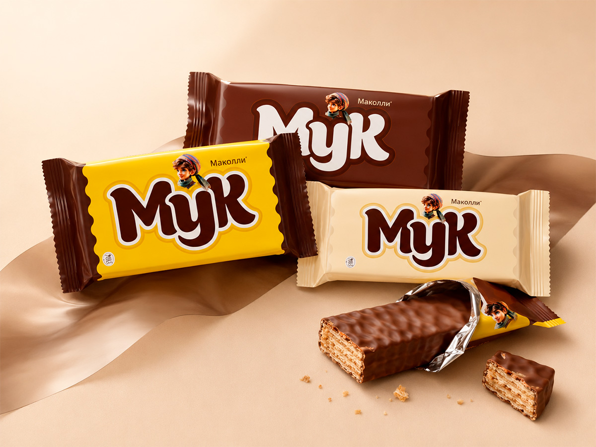 Makolli “MUK” — Chocolate-bar series in four color variants, featuring large soft typography and a consistent brand character by FORMA