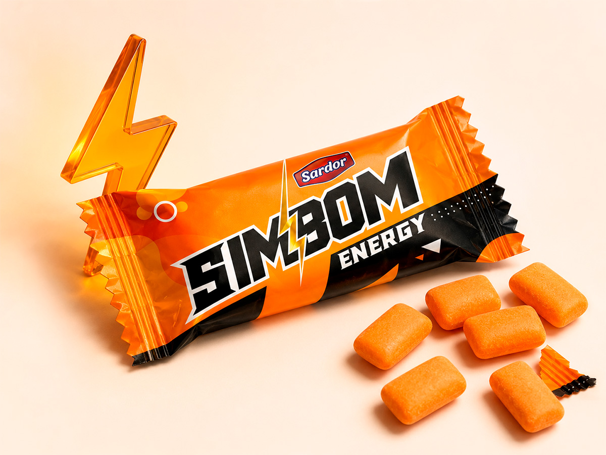 SIMBOM Energy — Compact energy-gum packaging in a dynamic black-and-orange visual style by FORMA