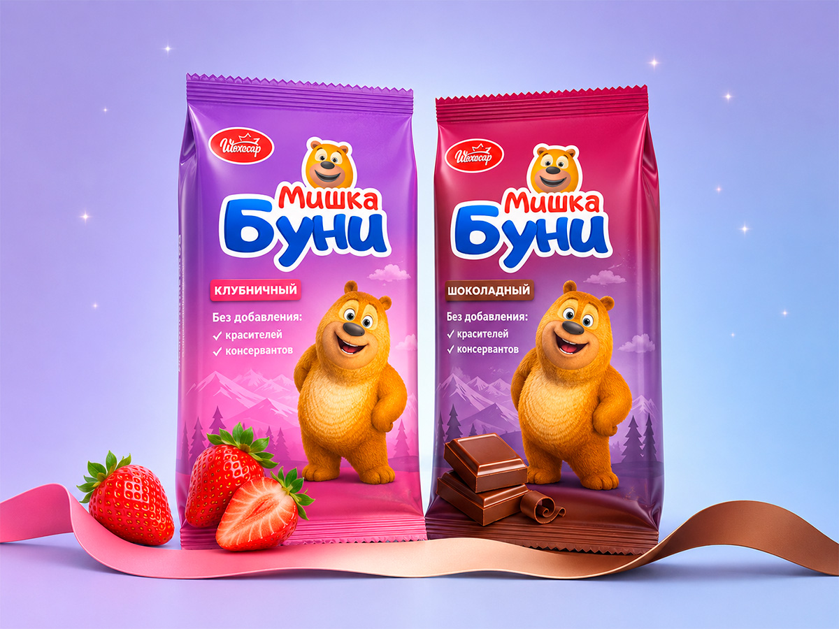 Mishka Buni — Children's sweets range with a bear character, natural flavor imagery, and strong shelf presence by FORMA