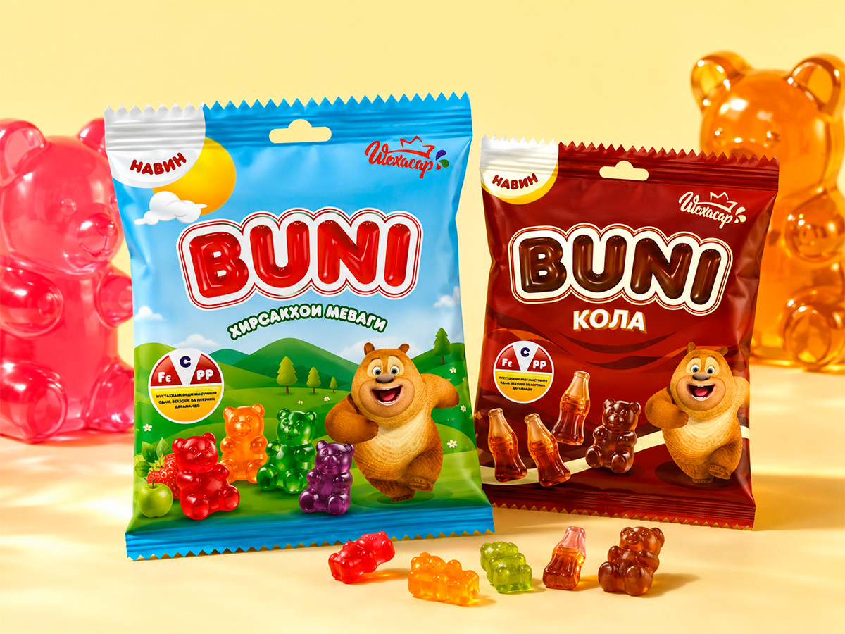 BUNI Gummies — Children's gummy packaging with a bright logo, friendly character, and colorful fruit world by FORMA