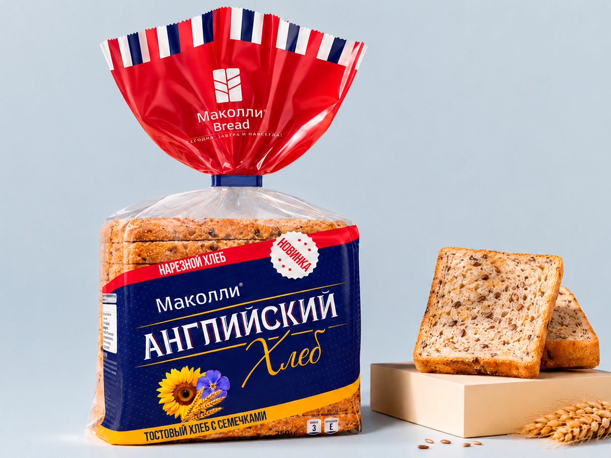 English Bread — Packaging for sliced toast bread with a transparent product window, blue-and-red label system, and emphasis on natural ingredients by FORMA