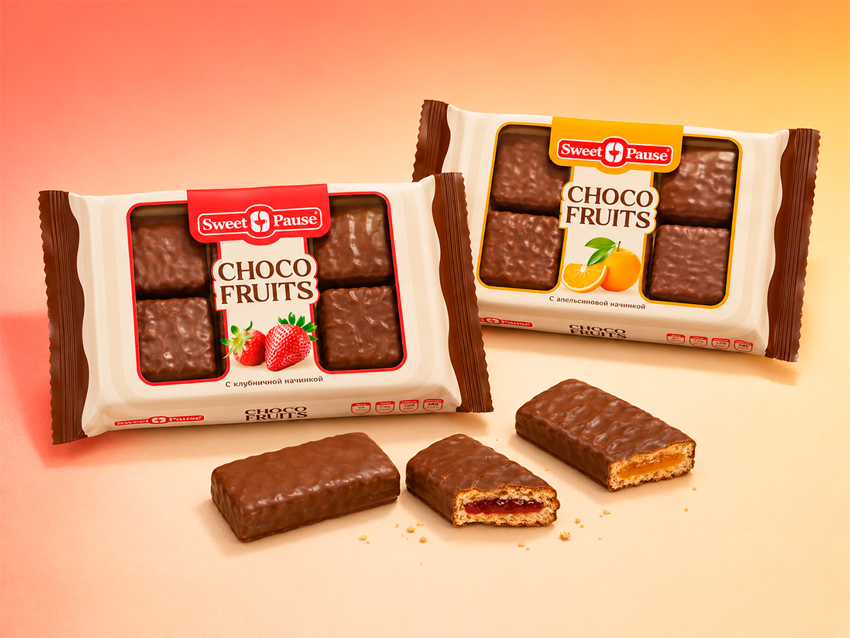 Sweet Pause Choco Fruits — Chocolate-cookie range with fruit fillings, a transparent window, and vivid flavor color-coding by FORMA