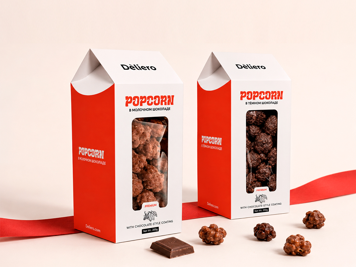 Deliero Popcorn — Premium chocolate-popcorn range with a product window and milk- and dark-chocolate variants by FORMA