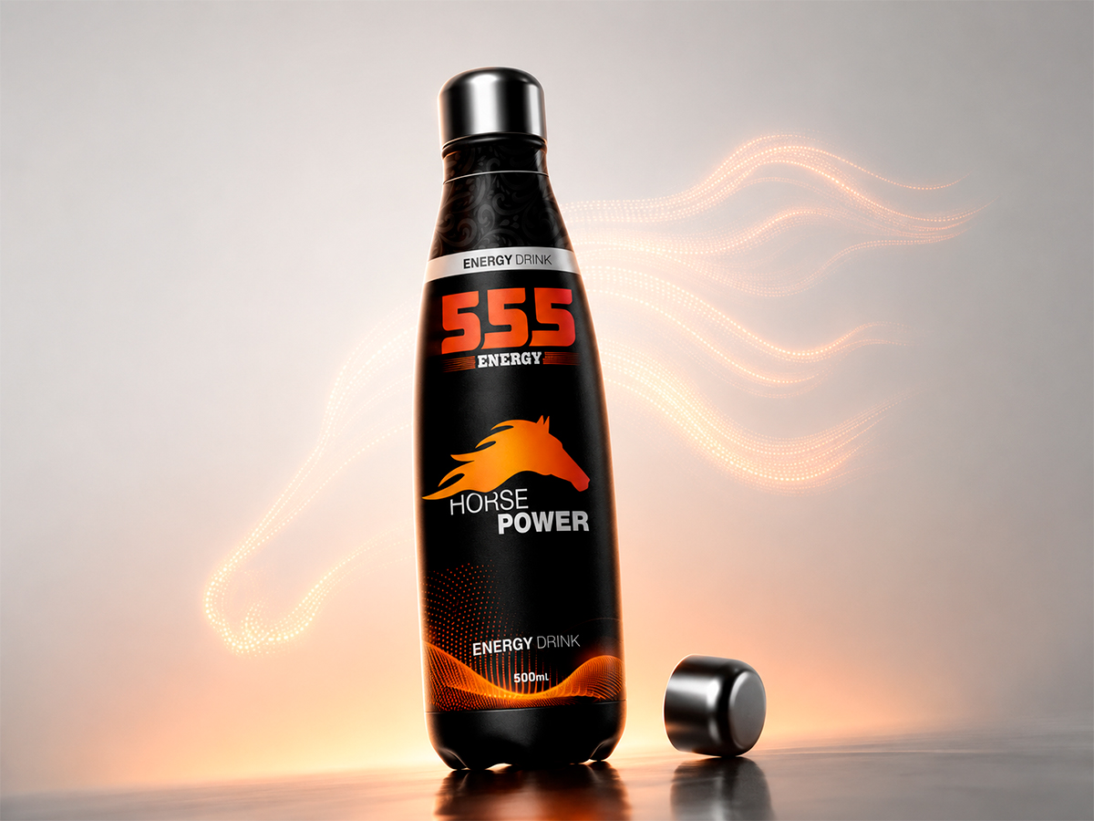 555 Energy — Energy-drink label series with dynamic typography, a powerful visual identity, and a contrasting black-and-orange palette by FORMA