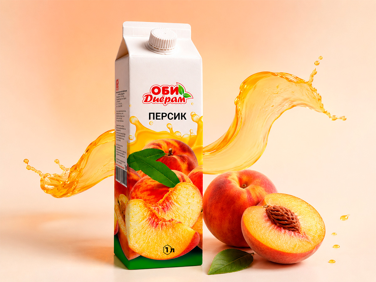 Obi Diyoram Juice — Peach-drink carton packaging with juicy fruit imagery and a prominent product area by FORMA