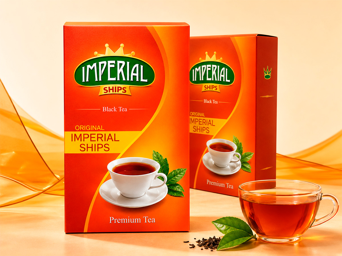 Imperial Ships Tea — Black-tea box design with a vivid orange-red palette, crown symbol, and classic tea composition by FORMA