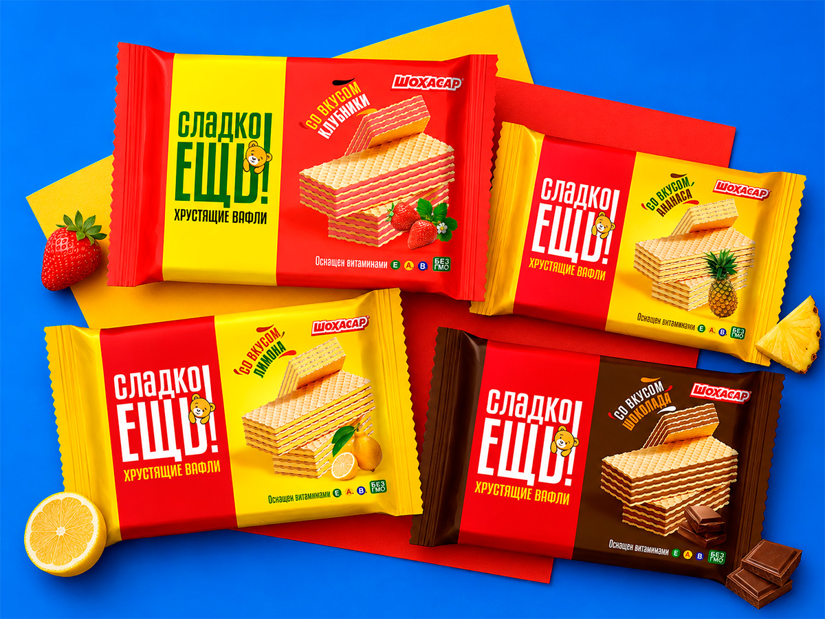 Sladko Yesh — Wafers — A vibrant wafer range with a consistent brand block, flavor color-coding, and appetizing product imagery by FORMA