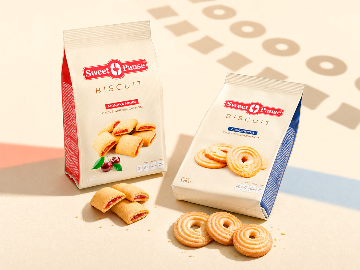 Sweet Pause Biscuit — Cookie-pack series with a clean premium composition, color-coded side panels, and realistic product presentation by FORMA