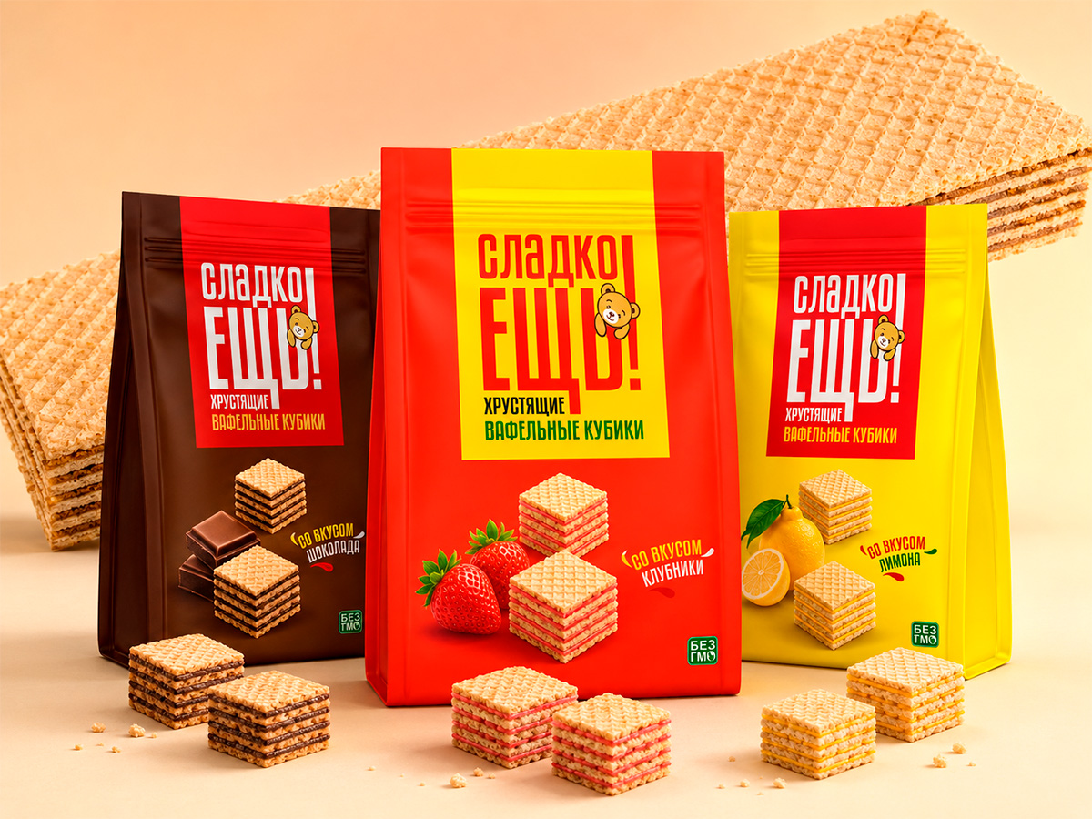 Sladko Yesh — Wafer Bites — Stand-up pouch design for wafer bites, with expressive typography and a distinct color system for each flavor by FORMA