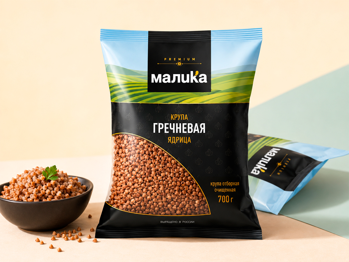 Malika — Buckwheat — Buckwheat packaging redesign with contemporary field imagery, clear hierarchy, and a clean transparent product window by FORMA