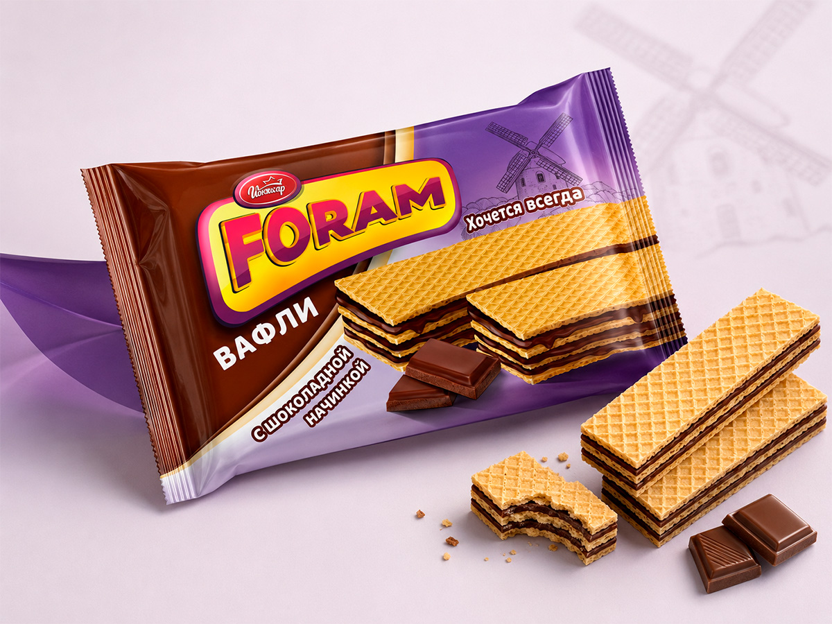 FORAM Wafers — Wafer range with a large logo, contrasting flavor colors, and an expressive chocolate-focused food zone by FORMA
