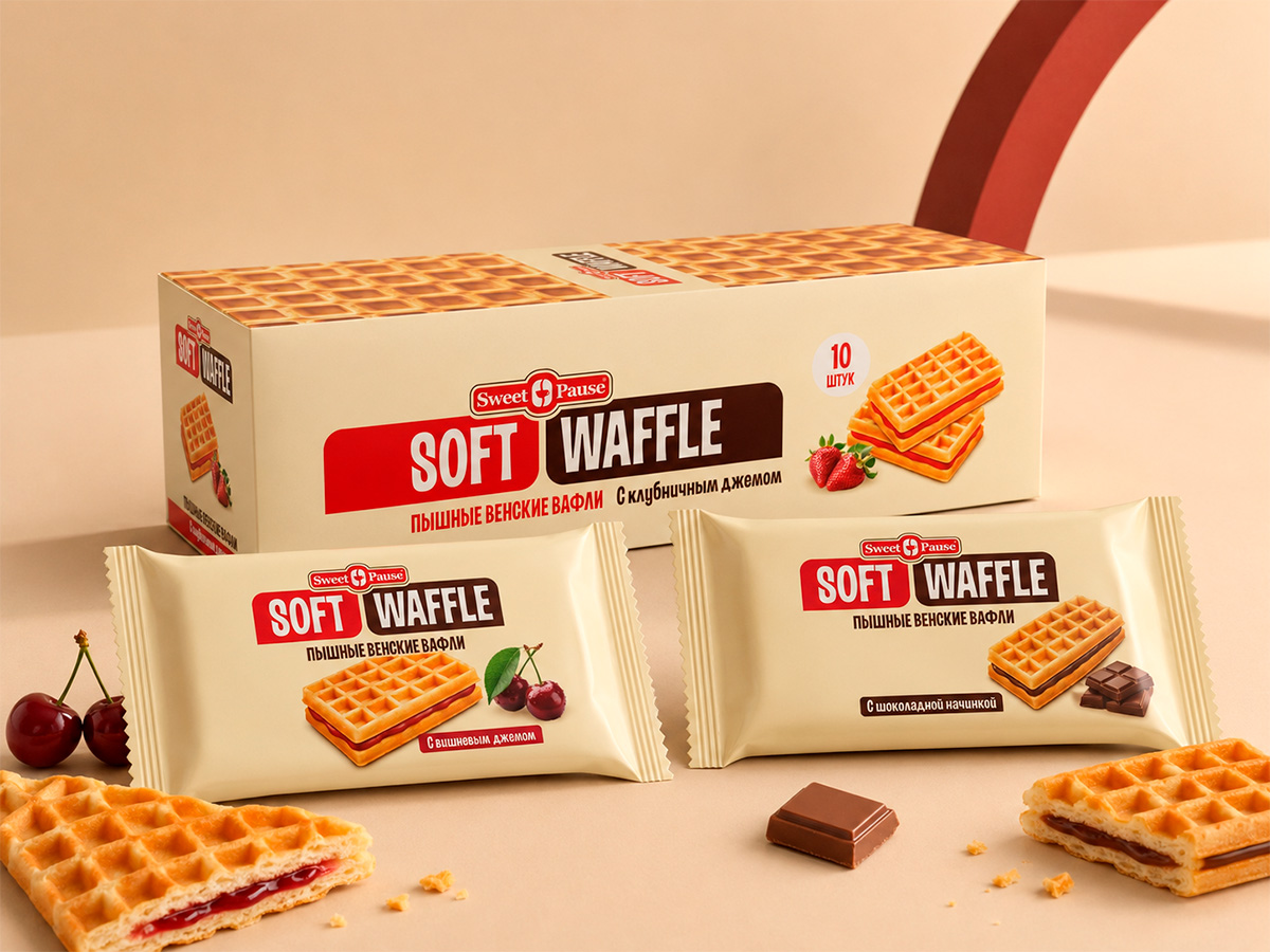 Sweet Pause Soft Waffle — Soft Viennese-waffle design for chocolate and berry fillings, plus a ten-piece outer display box by FORMA