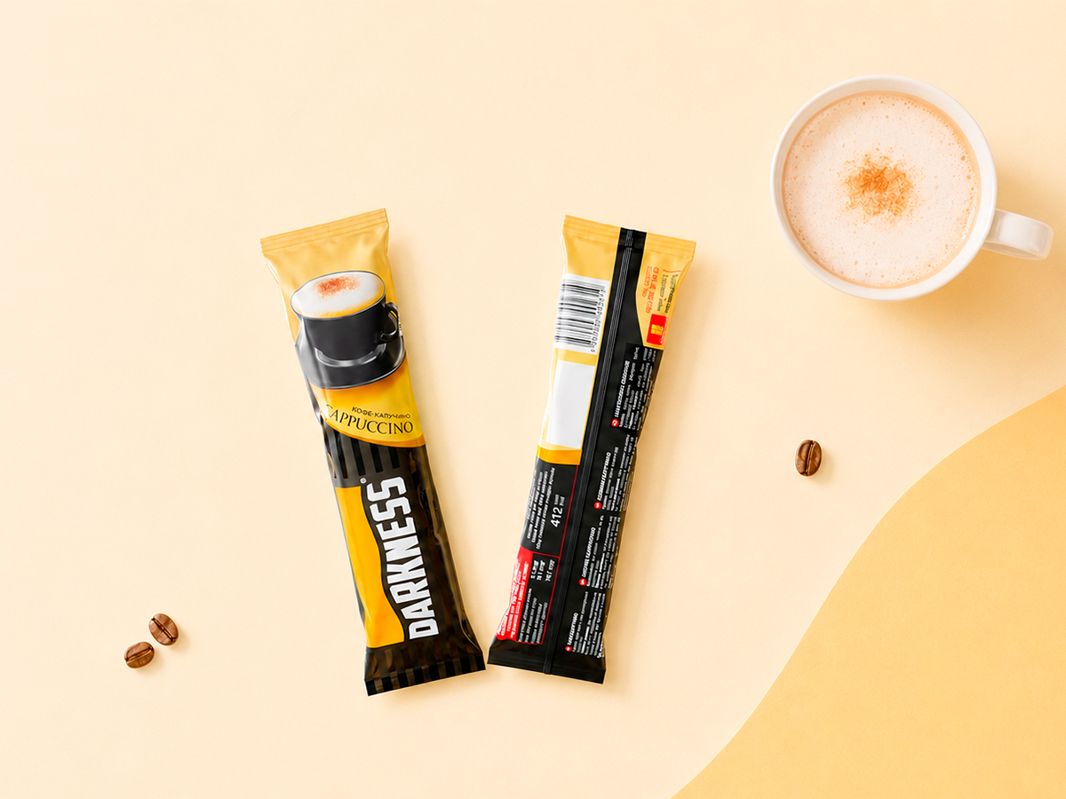 Darkness Coffee — Instant-cappuccino stick packaging with a high-contrast composition, strong brand block, and expressive coffee imagery by FORMA