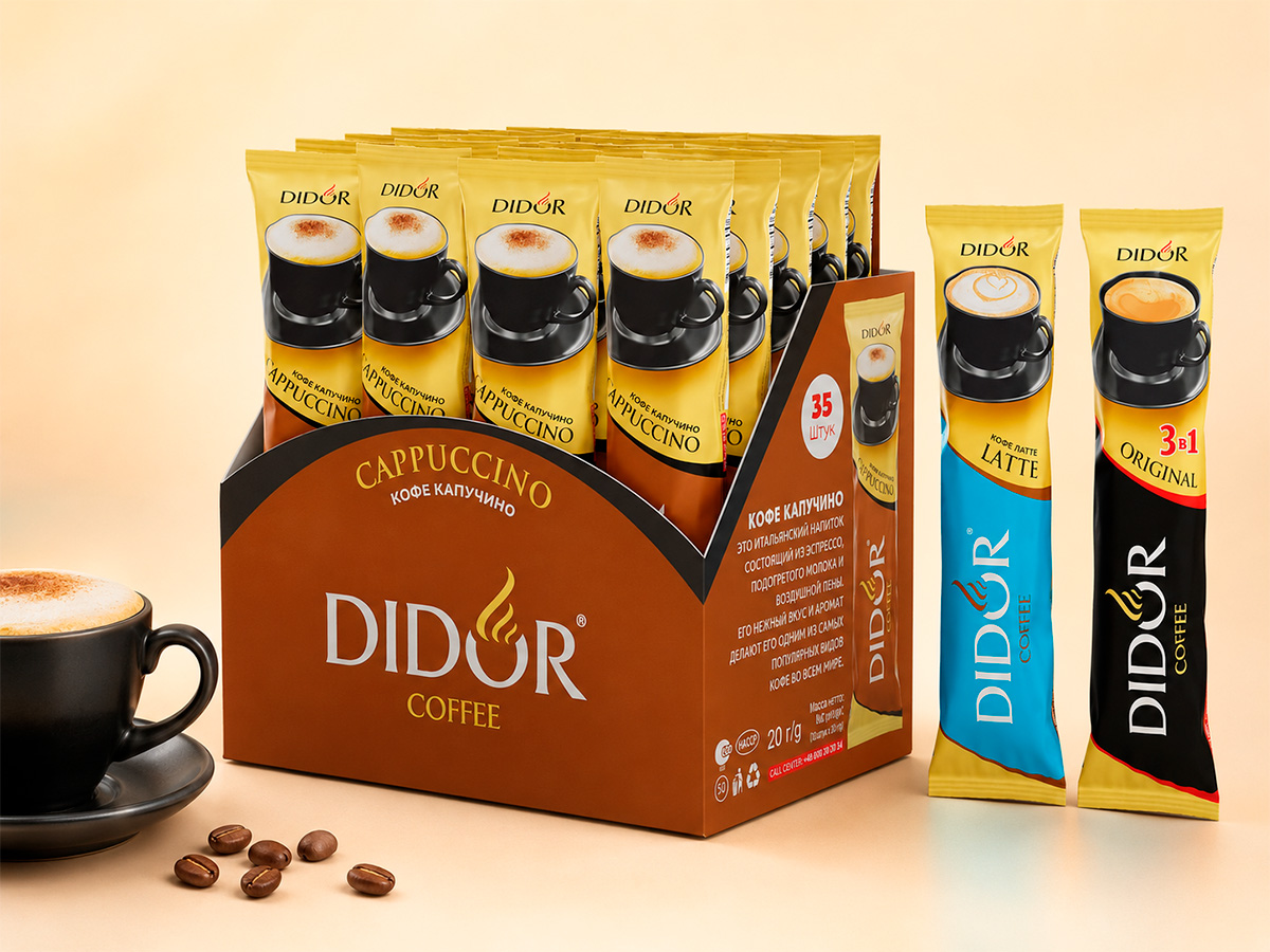 DIDOR Coffee — Portion-coffee range design with a consistent packaging architecture, color-coded variants, and graphics adapted across formats by FORMA