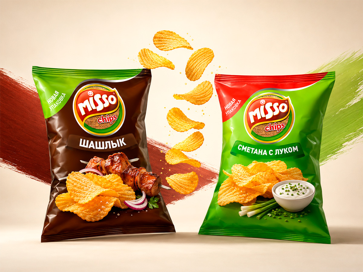 Misso Chips — Potato chips range design with clear flavor color-coding and a prominent product-focused food zone by FORMA