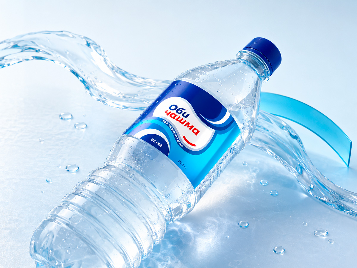 Obi Chashma — Drinking-water label design with a clean blue-and-white composition, soft graphics, and adaptation for a transparent PET bottle by FORMA