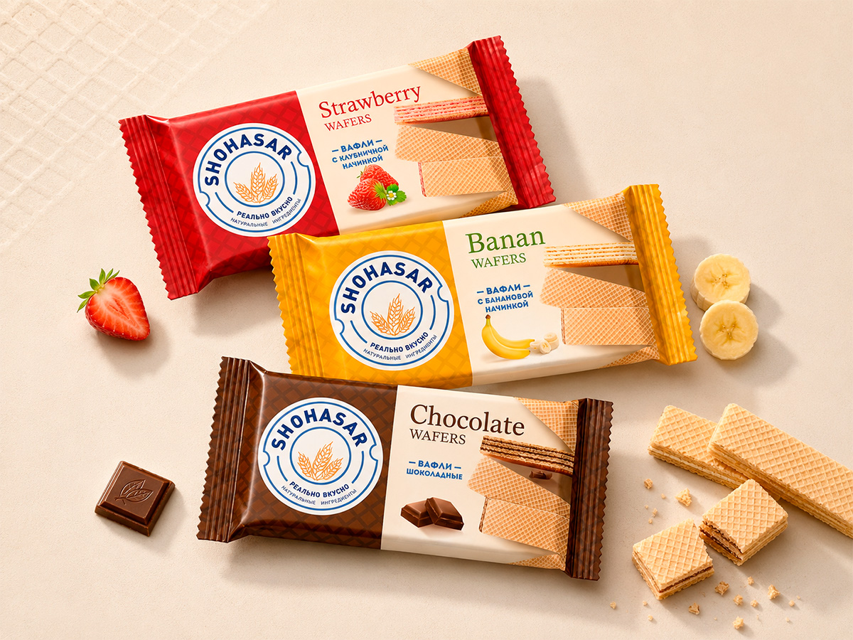 Shohasar Wafers — A vibrant wafer range with a consistent brand block, flavor color-coding, and appetizing product imagery by FORMA