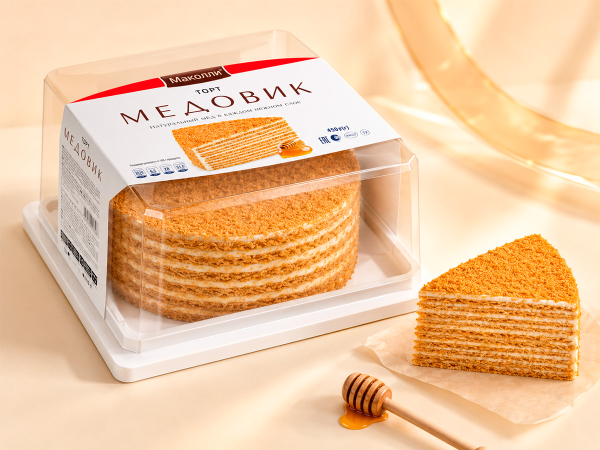 Makolli — Honey Cake — Label design for a transparent cake box, paired with a realistic presentation of a classic layered honey cake by FORMA